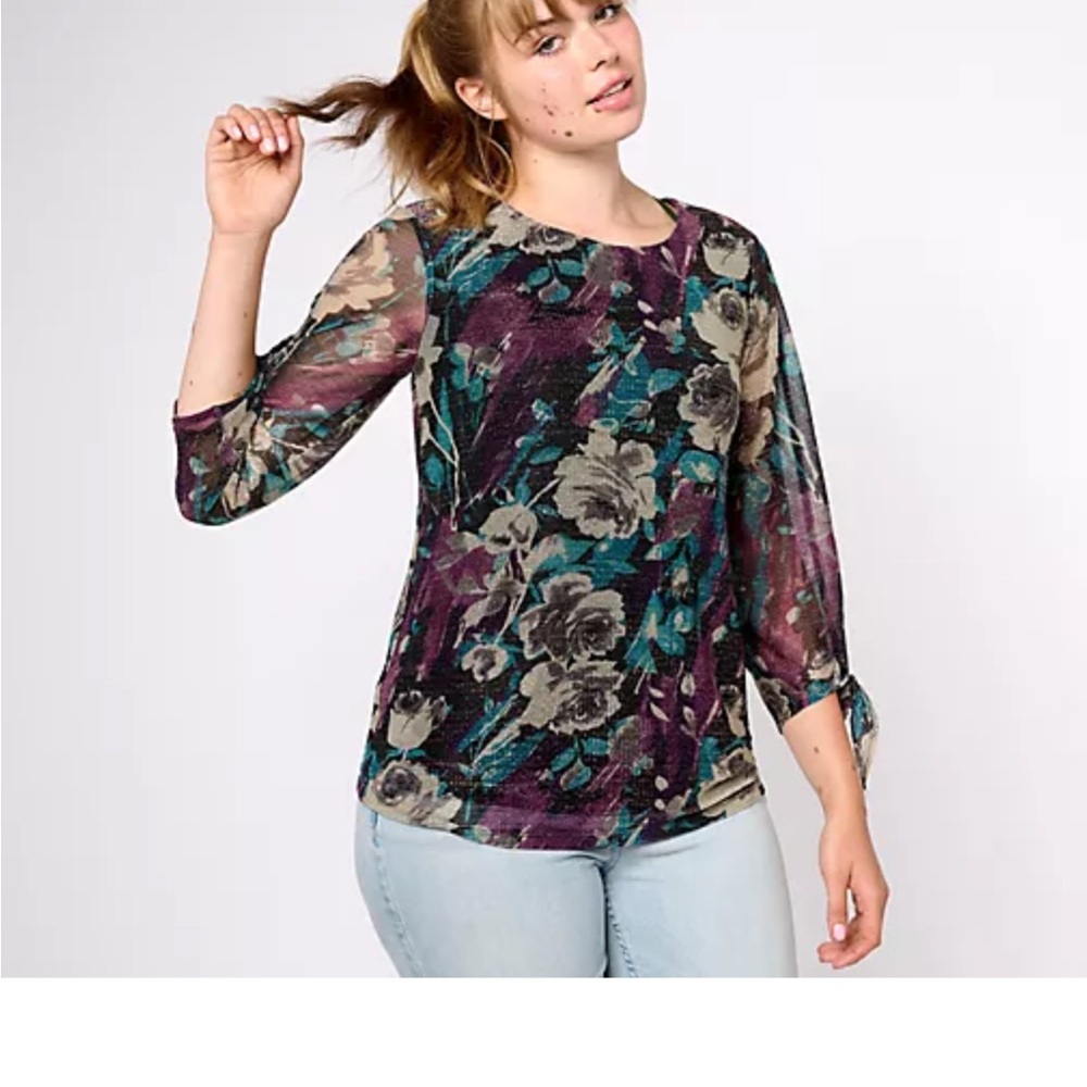 Floral Sheer Sleeve Top - Multicolor